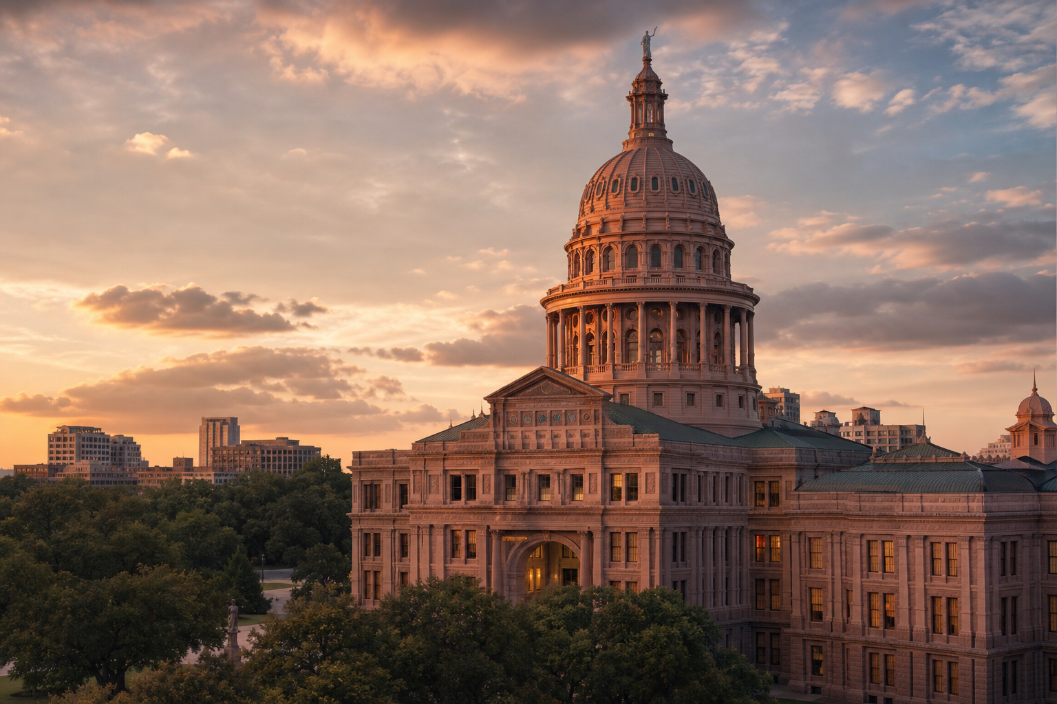 The Texas State Capitol at dusk, pink granite against a gold sky.