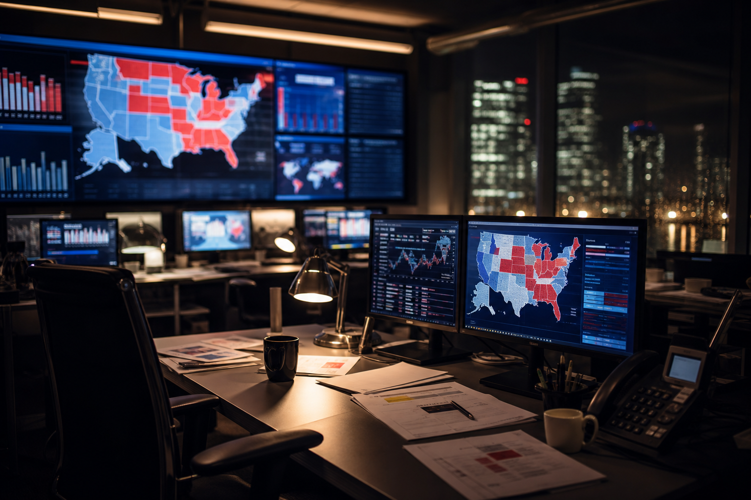An election newsroom at night: maps on the wall, returns on the desks, the city beyond the glass.