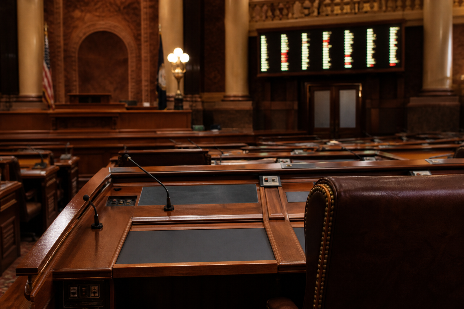 A legislative chamber: desks, microphones, and the electronic roll-call board.